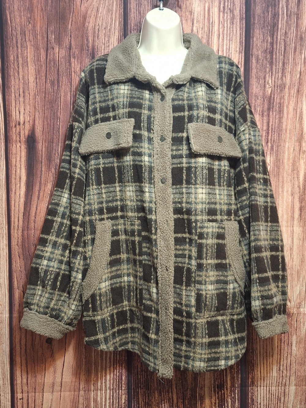 Panache Brown and Tan Plaid Teddy Shacket Size XL
